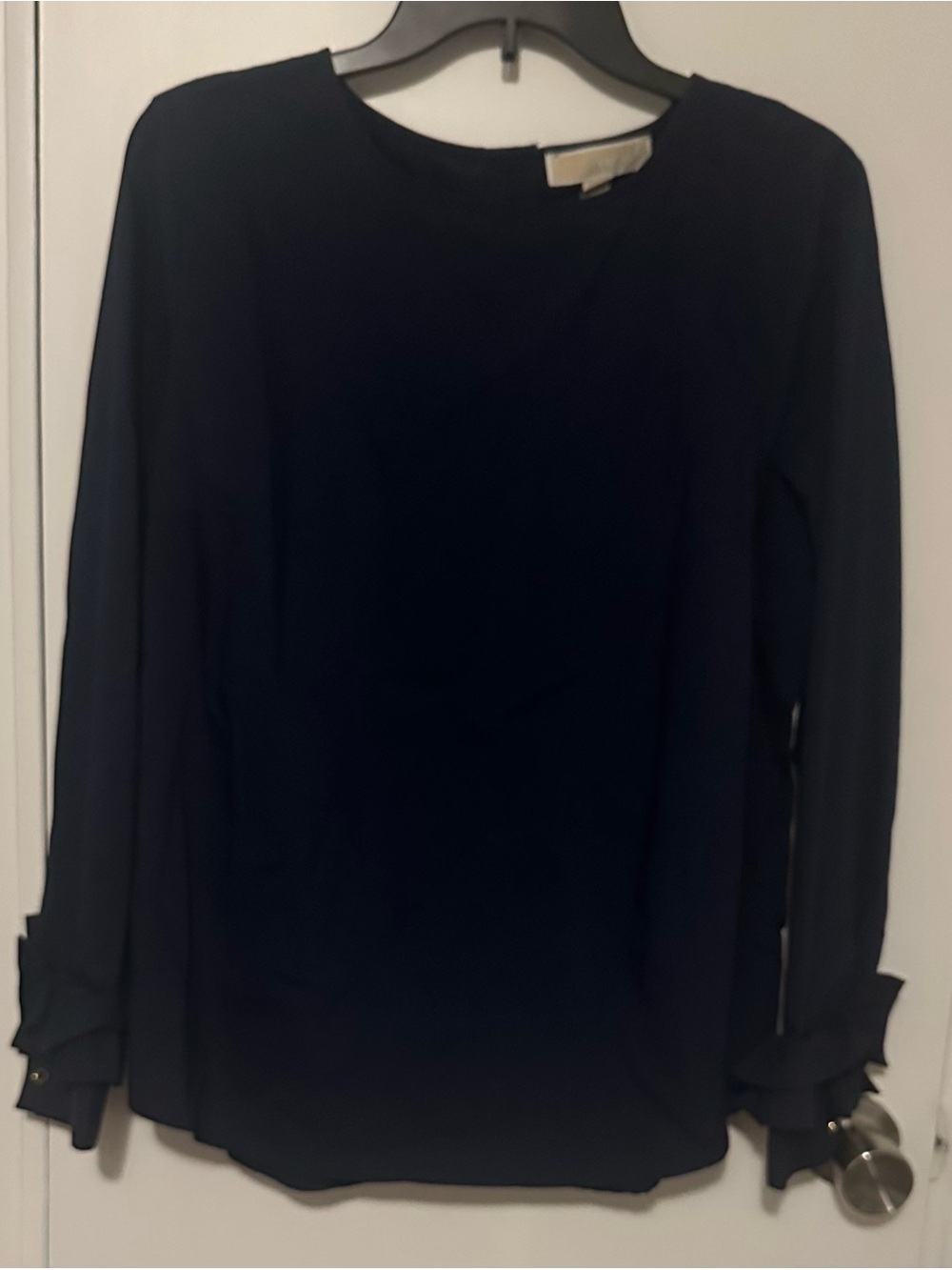MICHAEL Michael Kors Women’s Blouse L Blue Solid Round Neck Ruffle Cuff